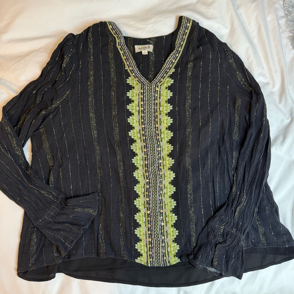 Womens S Black and Green Embroidered electric blouse boho elegant indie chic Y2K